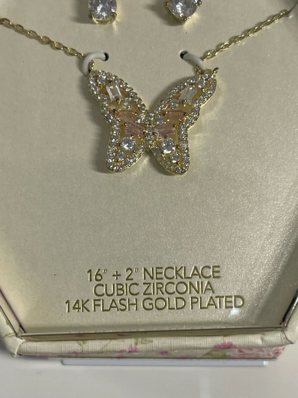 Gold Butterfly Necklace with Pink and Clear Accents